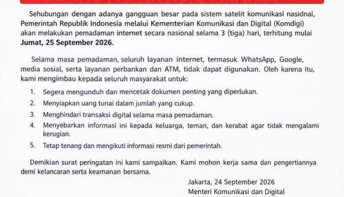 Beredar Informasi Internet Nasional akan Padam Selama 3 Hari mulai 25 September 2026, Ini Klarifikasi KOMDIGI
